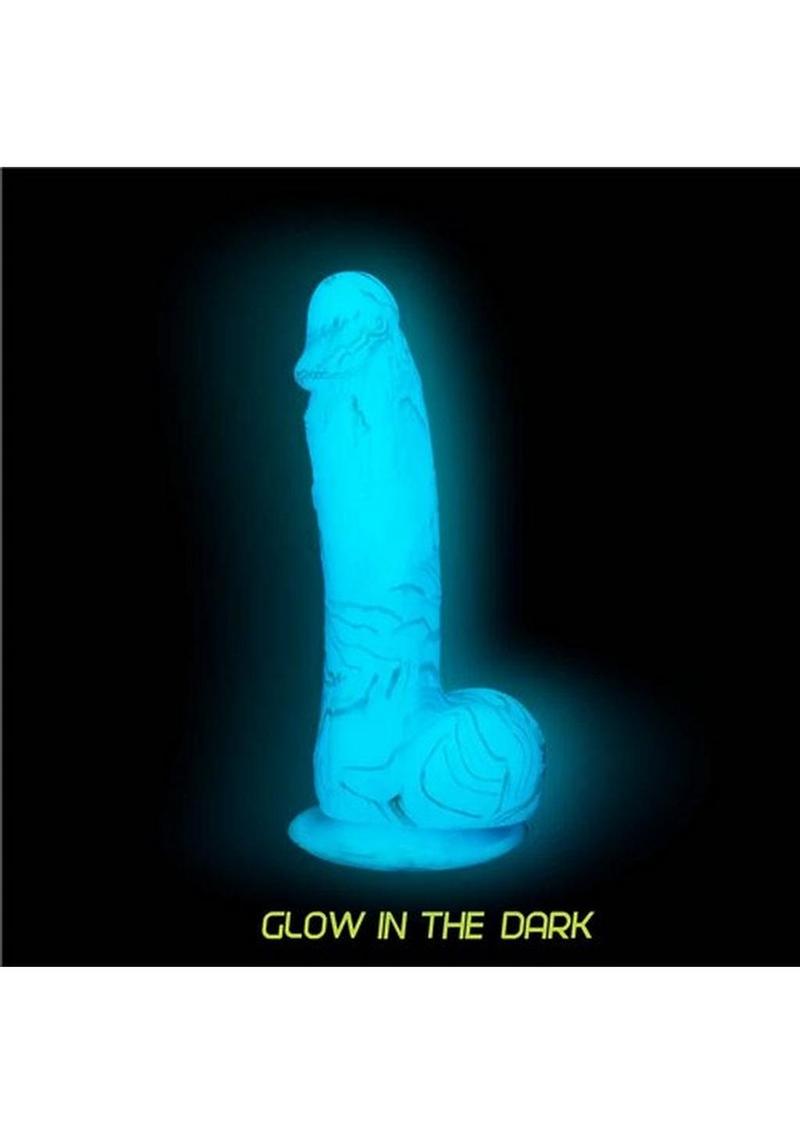 Addiction Toy Collection Luke Silicone Glow-In-The-Dark Dildo with Balls 7.5in - Blue