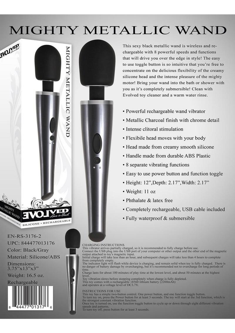 Mighty Metallic Wand Rechargeable Silicone Body Massager - Black