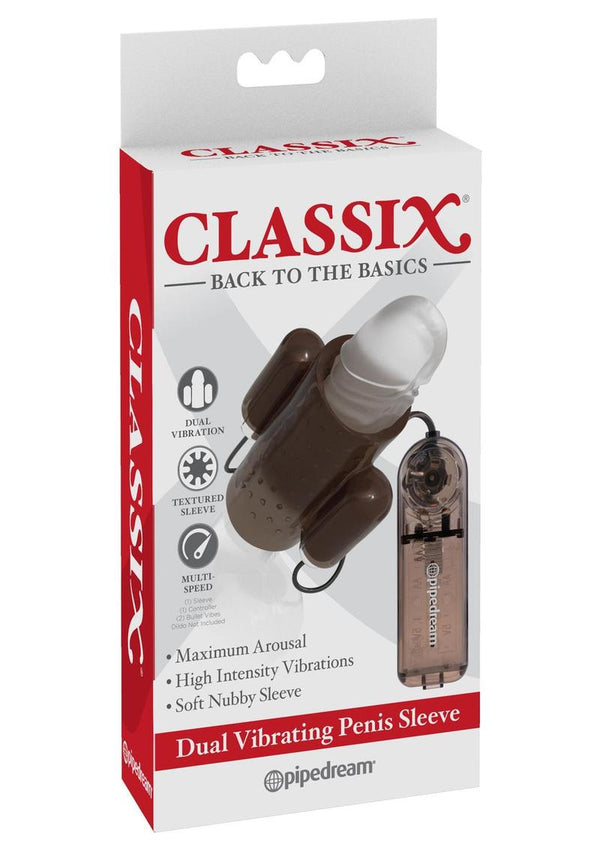 Classix Dual Vibrating Textured Penis Sleeve with Wired Remote Control - Smoke and Clear