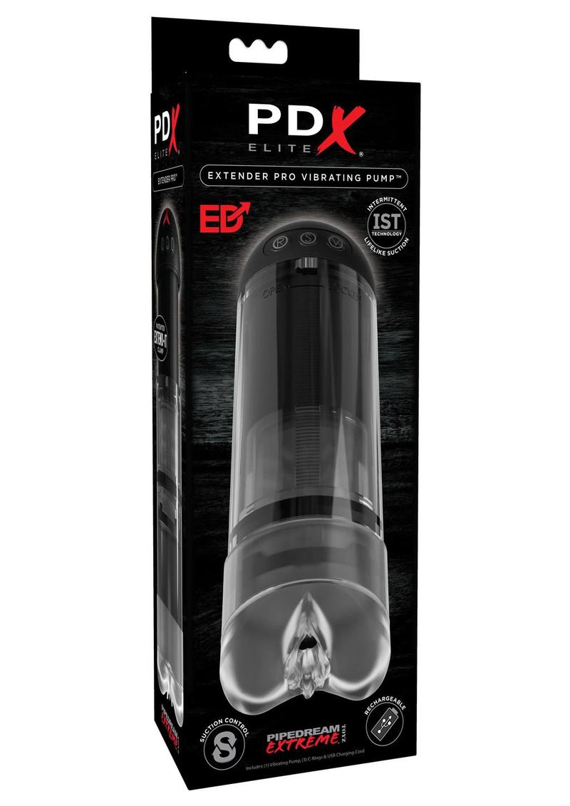 PDX Elite Rechargeable Extender Pro Vibrating Pump Masturbator - Pussy - Clear/Black