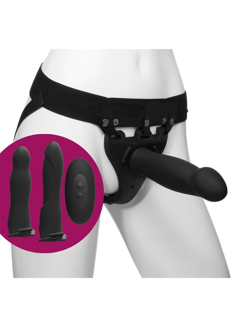 Body Extensions Be Naughty Silicone Strap-On Rechargeable Vibrating Harness with 2 Hollow Dildos and Remote Control 7in and 7.5in (4 pc set) - Black
