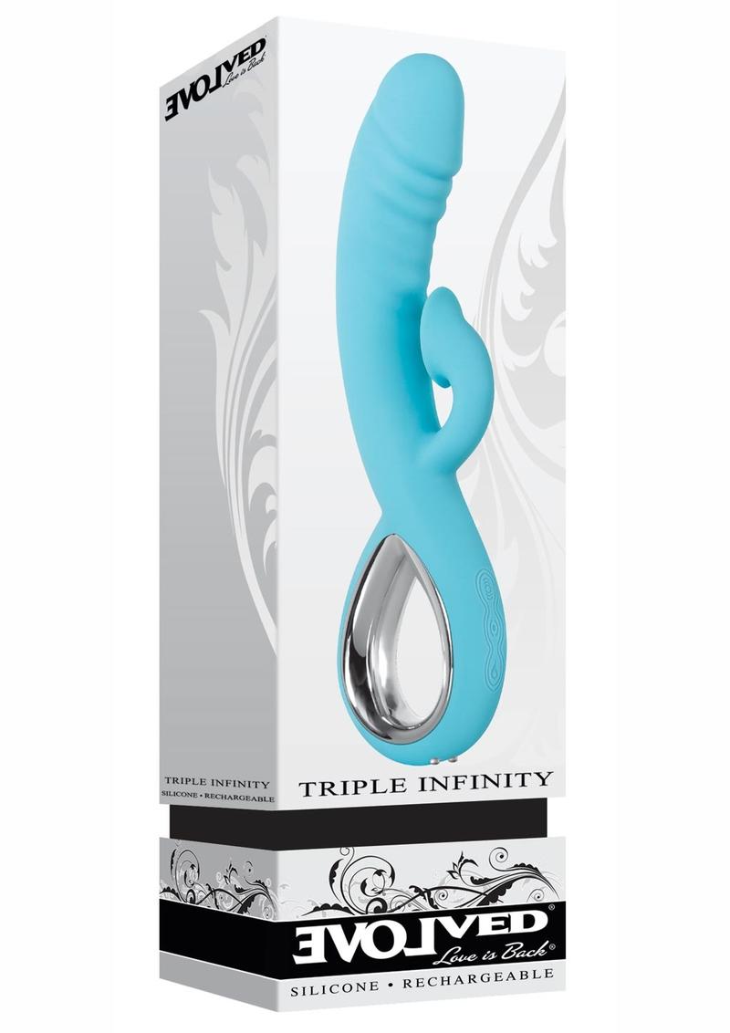 Triple Infinity Rechargeable Silicone Heated Rabbit Vibrator with Clitoral Suction Stimulator - Aqua