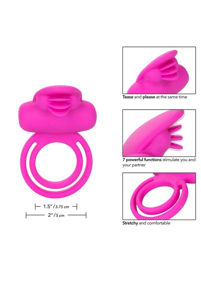 Couple's Enhancers Silicone Rechargeable Dual Clit Flicker Vibrating Cock Ring - Pink