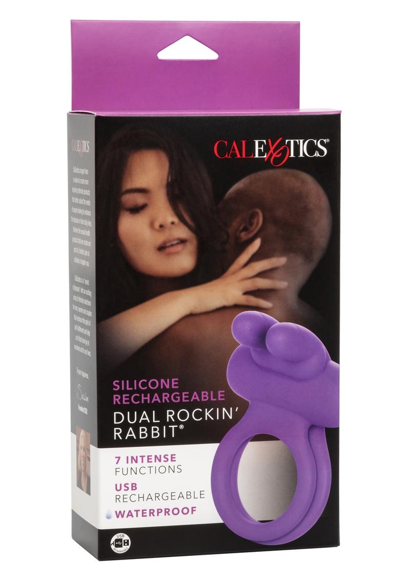 Couple's Enhancers Silicone Rechargeable Dual Rockin Rabbit Vibrating Cock Ring - Purple