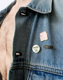 Cocky enamel pin by Dicks Don't Lie in Black