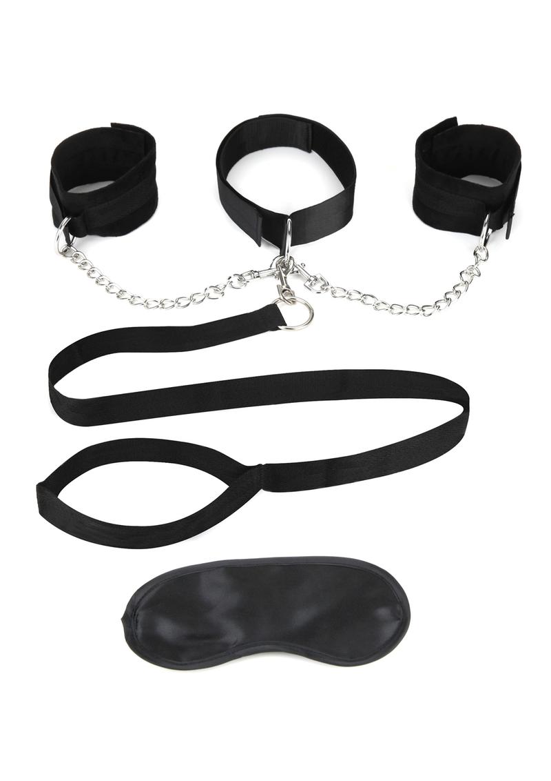 Lux Fetish Collar, Cuffs & Leash Set with Removable Cuffs & Leash - Black