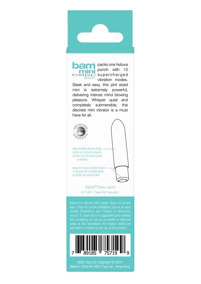 VeDO Bam Mini Rechargeable Silicone Bullet Vibrator - Tease Me Turquoise