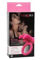 Couple's Enhancers Silicone Rechargeable Triple Clit Flicker Cock Ring - Pink