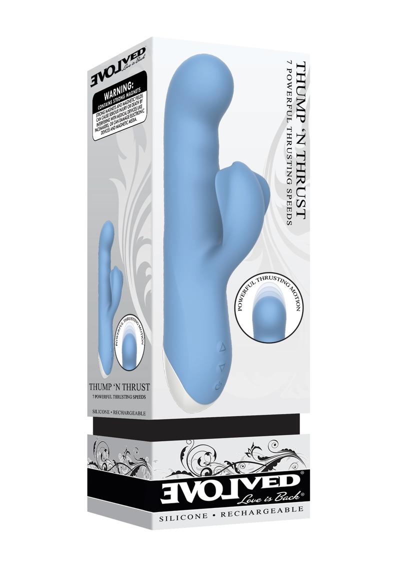 Thump & Thrust Rechargeable Silicone Vibrator with Clitoral Stimulator - Blue