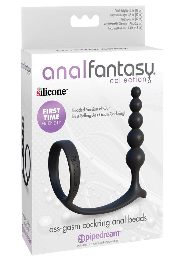 Anal Fantasy Collection Ass-Gasm Silicone Cock Ring with Anal Beads - Black