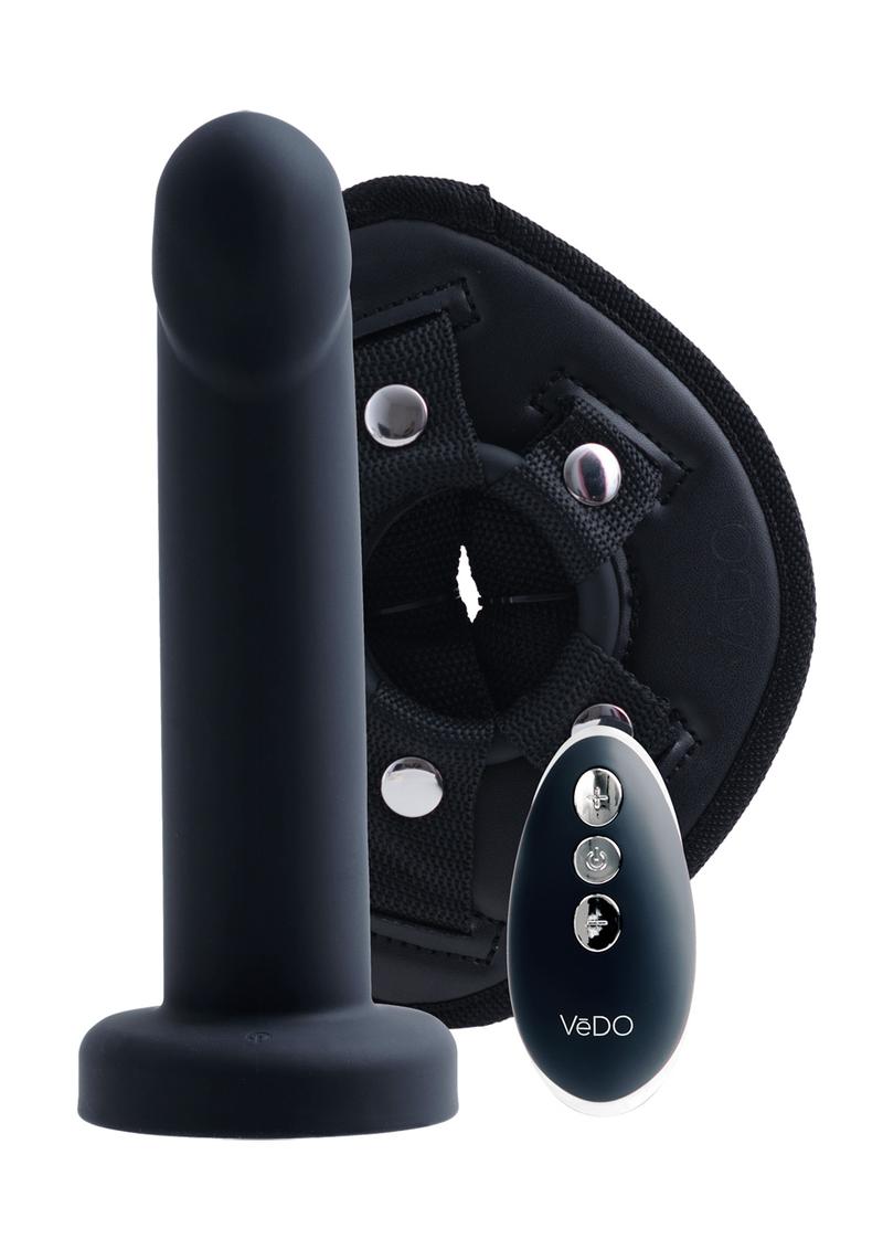 VeDO Strapped Silicone Rechargeable Vibrating Strap On with Remote Control - Just Black