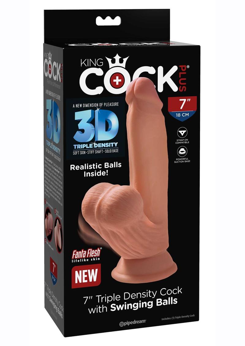 King Cock Plus Triple Density Dildo with Swinging Balls 7in - Caramel