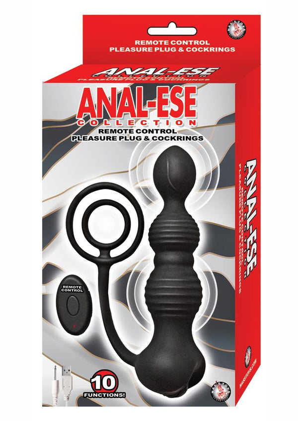 Anal-Ese Silicone Rechargeable Cock Ring with Anal Plug and Remote Control - Black