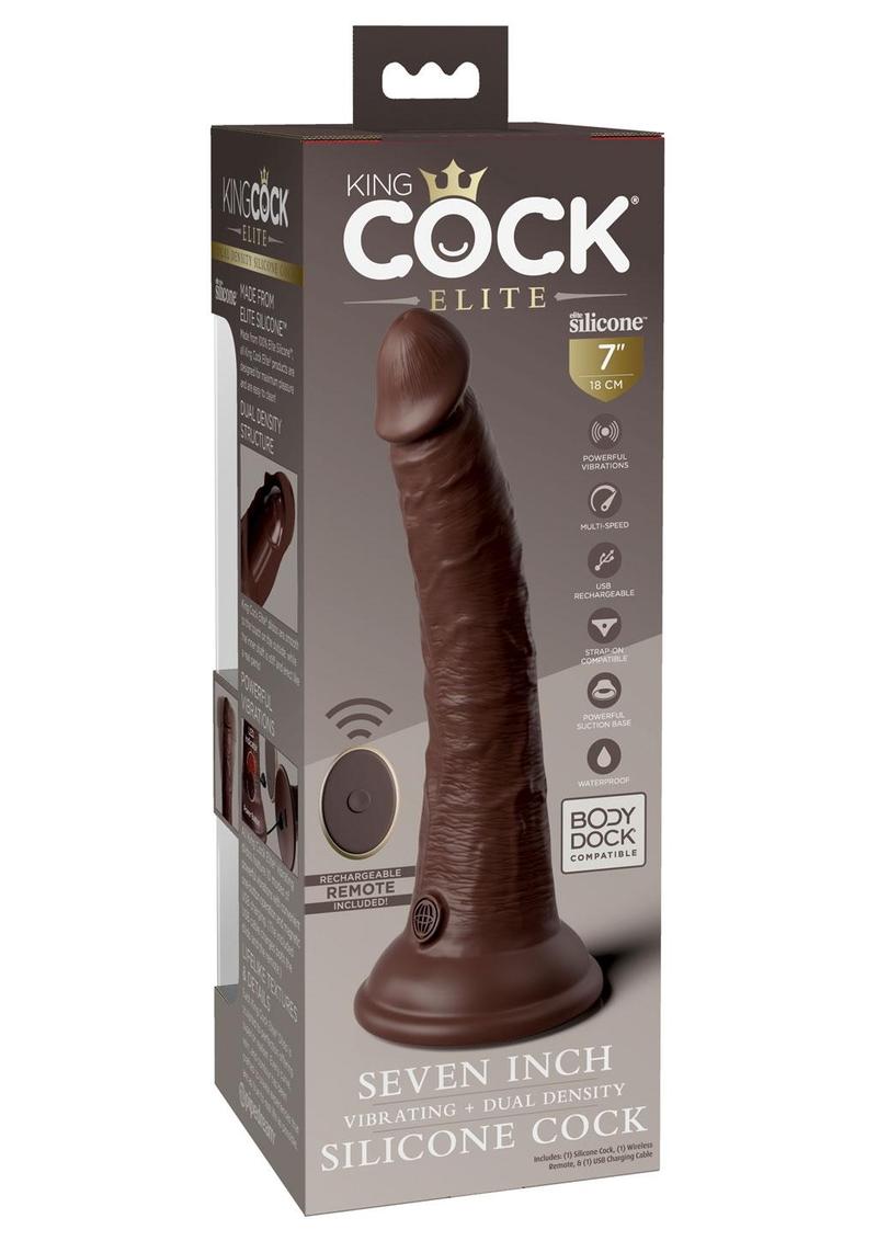 King Cock Elite Dual Density Vibrating Rechargeable Silicone Dildo with Remote Control 7in - Chocolate