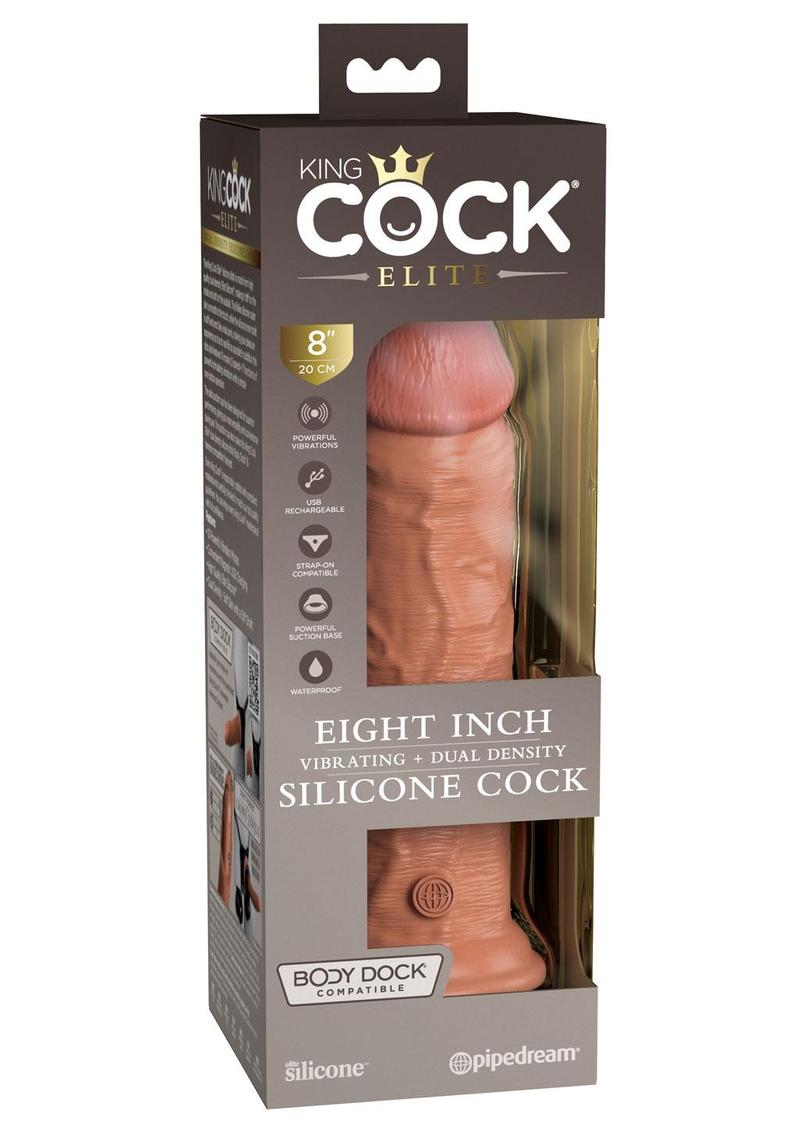 King Cock Elite Dual Density Vibrating Rechargeable Silicone Dildo with Remote Control 8in - Caramel
