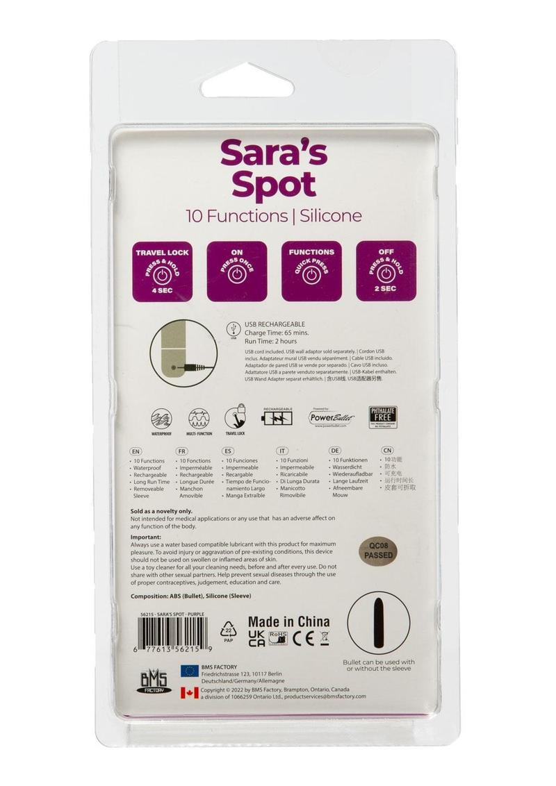 PowerBullet Sara's Spot 10 Function Rechargeable Silicone Vibrating Bullet - Purple