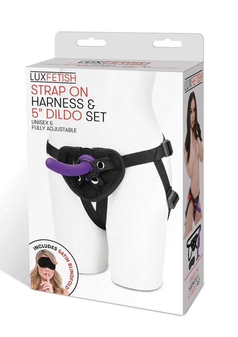 Lux Fetish Strap on Harness & Silicone Dildo Set 5in - Black/Purple