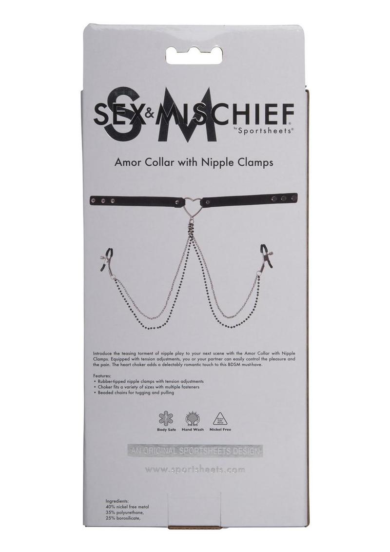 Sex & Mischief Amor Collar with Nipple Clamps - Black/Silver