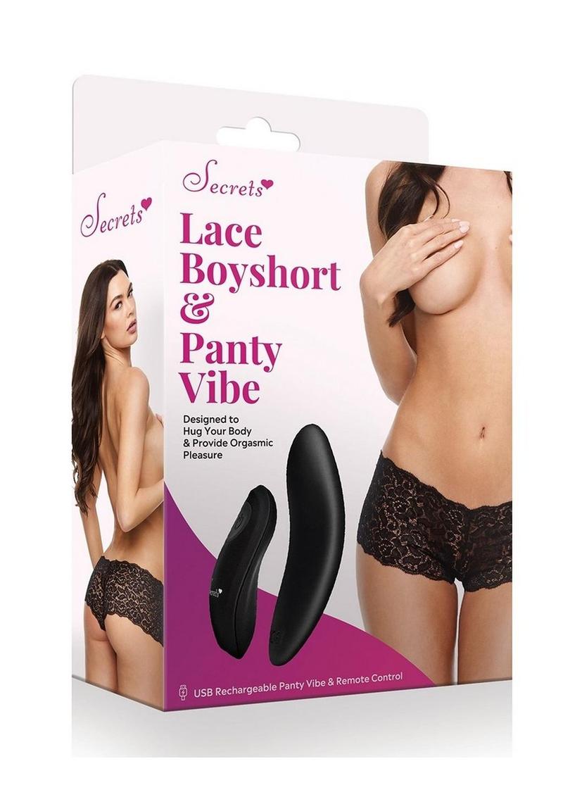 Secrets Lace Boyshort & Rechargeable Panty Vibe with Remote Control - OS - Black