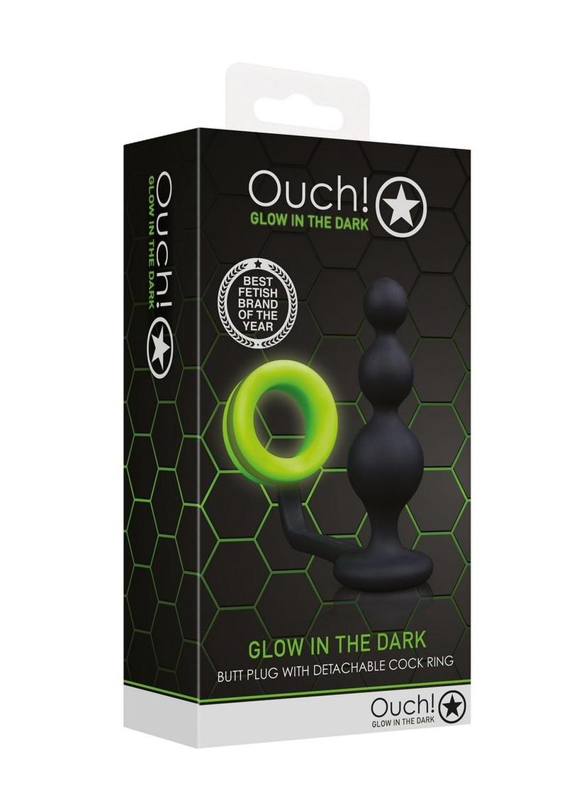 Ouch! Silicone Cock Ring with Beaded Anal Plug Glow in the Dark - Green