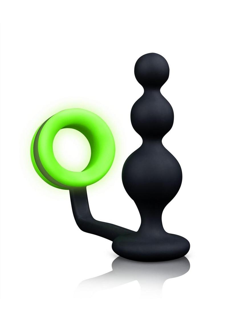 Ouch! Silicone Cock Ring with Beaded Anal Plug Glow in the Dark - Green