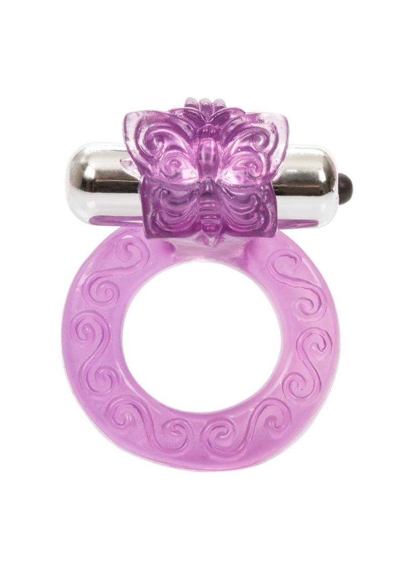 Couple's Enhancers Intimate Butterfly Ring Vibrating Cock Ring with Clitoral Stimulation - Purple