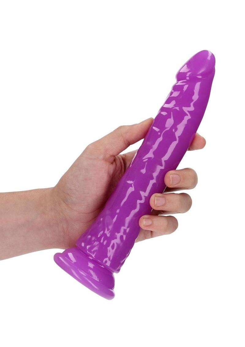 RealRock Slim Glow in the Dark Dildo with Suction Cup 9in - Purple