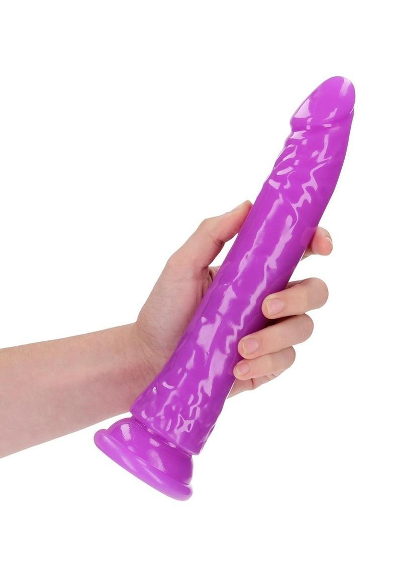 RealRock Slim Glow in the Dark Dildo with Suction Cup 10in - Purple