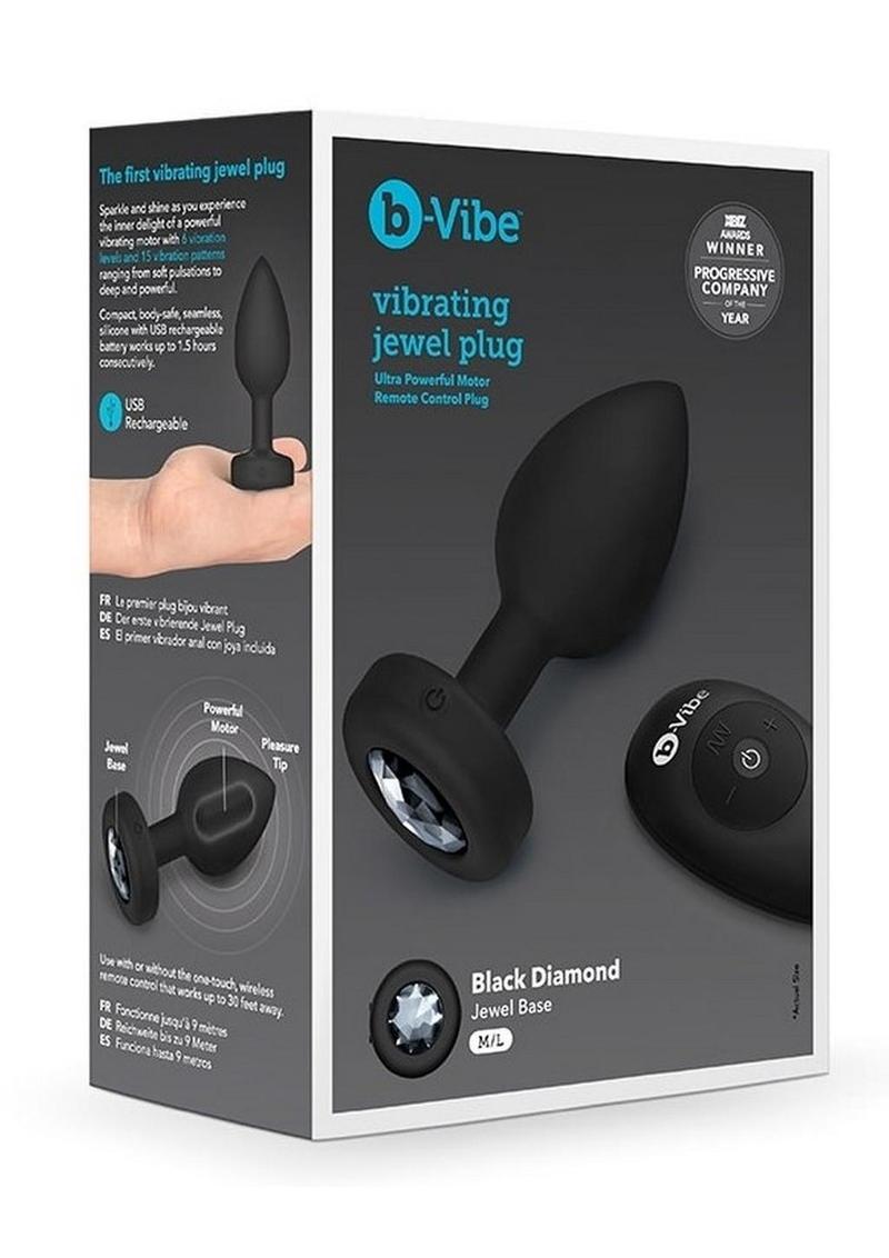B-Vibe Vibrating Jewel Plug Rechargeable Silicone Anal Plug with Remote Control - Medium/Large - Black