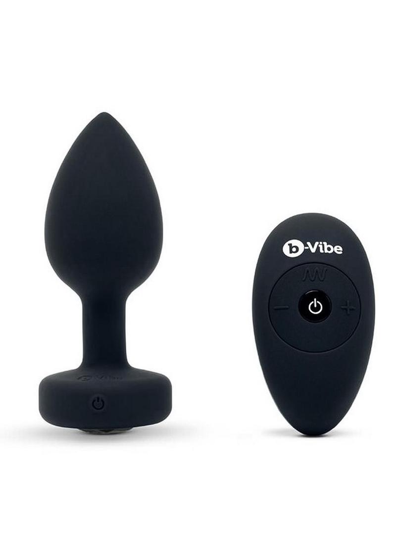 B-Vibe Vibrating Jewel Plug Rechargeable Silicone Anal Plug with Remote Control - Medium/Large - Black