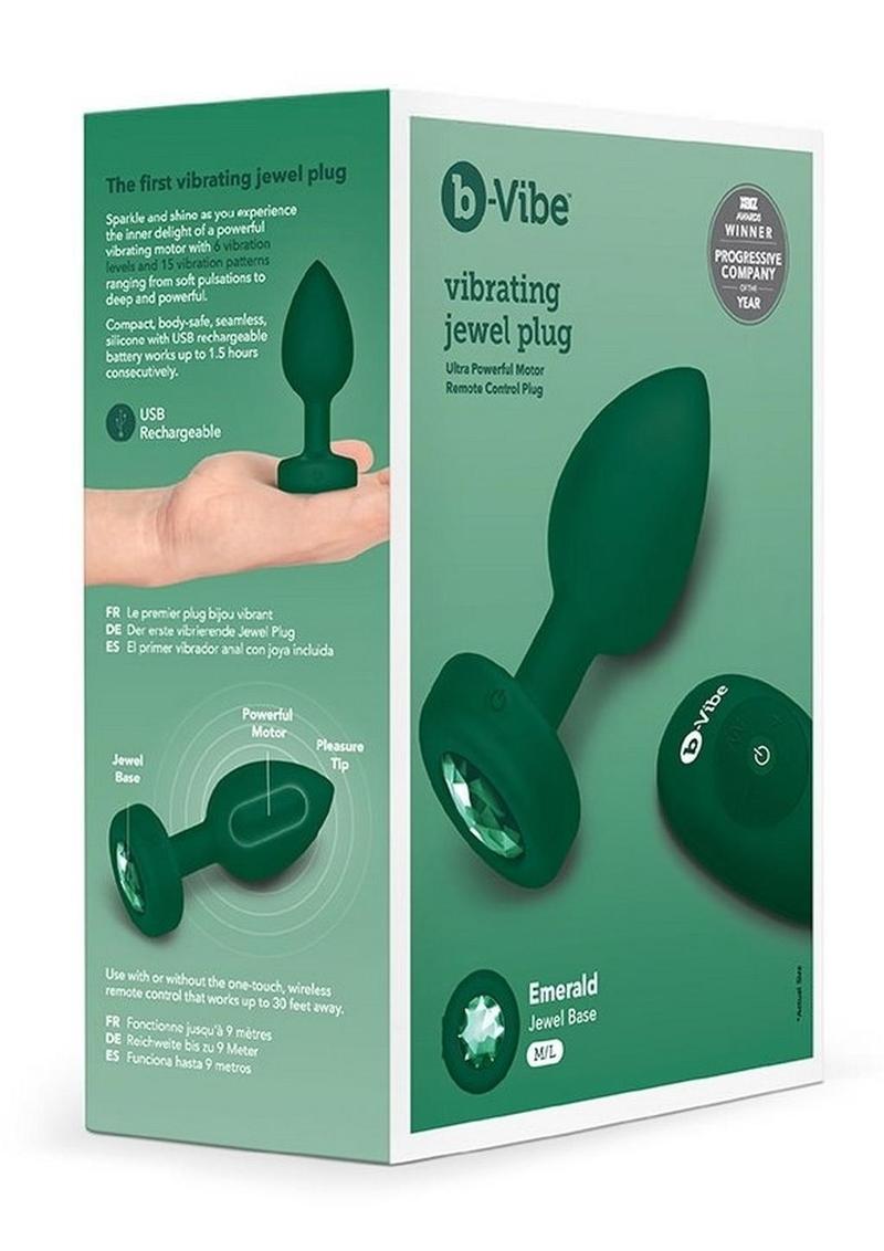 B-Vibe Vibrating Jewel Plug Rechargeable Silicone Anal Plug with Remote Control - Medium/Large - Emerald Green