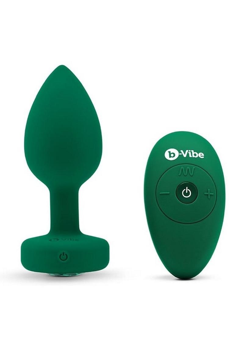 B-Vibe Vibrating Jewel Plug Rechargeable Silicone Anal Plug with Remote Control - Medium/Large - Emerald Green