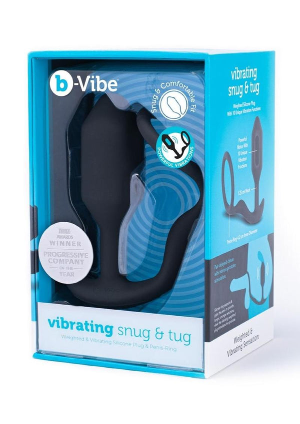 B-Vibe Vibrating Snug & Tug Rechargeable Silicone Cock Ring with Anal Plug - Medium - Black