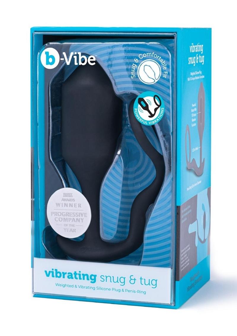 B-Vibe Vibrating Snug & Tug Rechargeable Silicone Cock Ring with Anal Plug - XLarge - Black