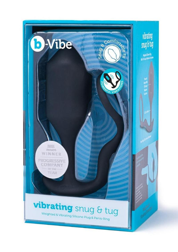 B-Vibe Vibrating Snug & Tug Rechargeable Silicone Cock Ring with Anal Plug - XLarge - Black