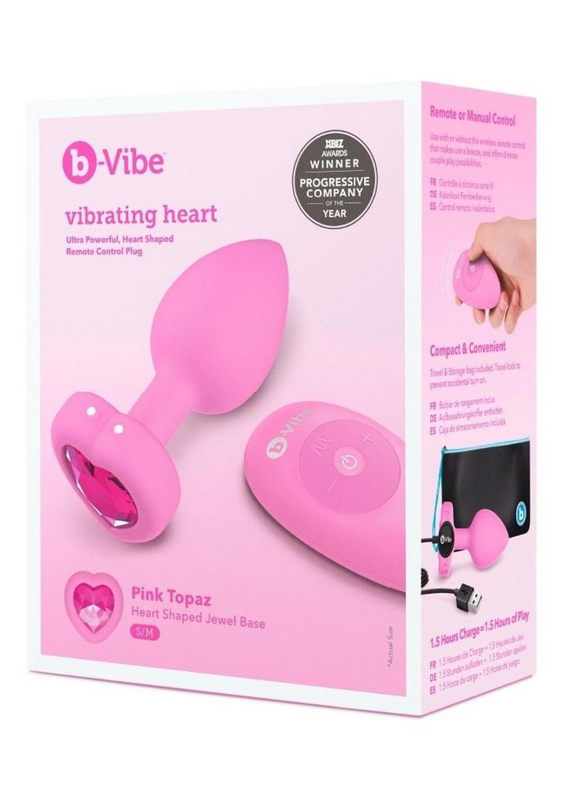 B-Vibe Vibrating Heart Shape Jewel Rechargeable Silicone Anal Plug with Remote Control - Small/Medium - Pink