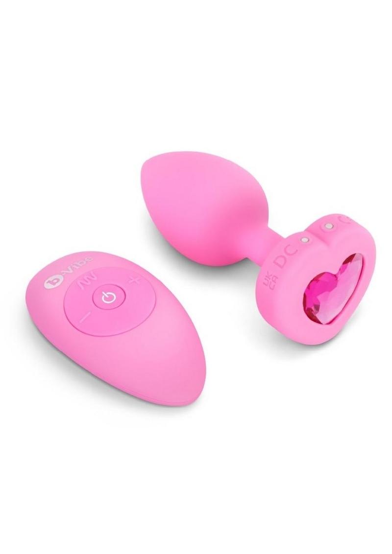 B-Vibe Vibrating Heart Shape Jewel Rechargeable Silicone Anal Plug with Remote Control - Small/Medium - Pink