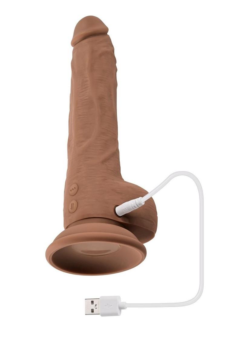 Thrust In Me Rechargeable Silicone Thrusting Vibrating Realistic Dong with Remote Control - Chocolate