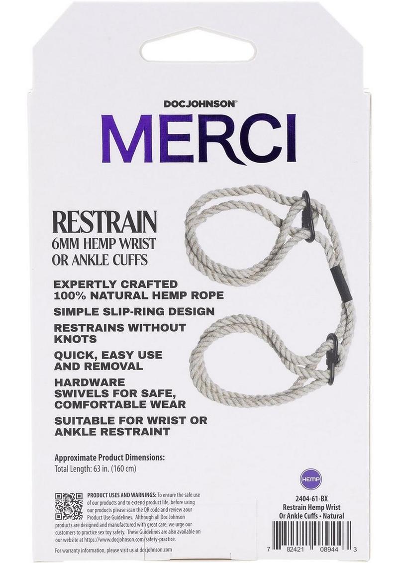 Merci Restrain 6mm Hemp Wrist or Ankle Cuffs - Tan