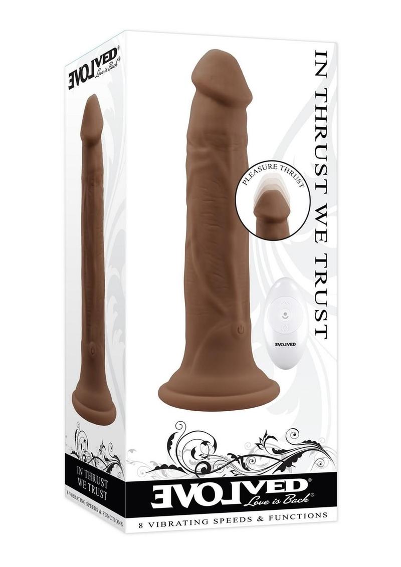 In Thrust We Trust Rechargeable Silicone Dildo with Remote Control - Chocolate