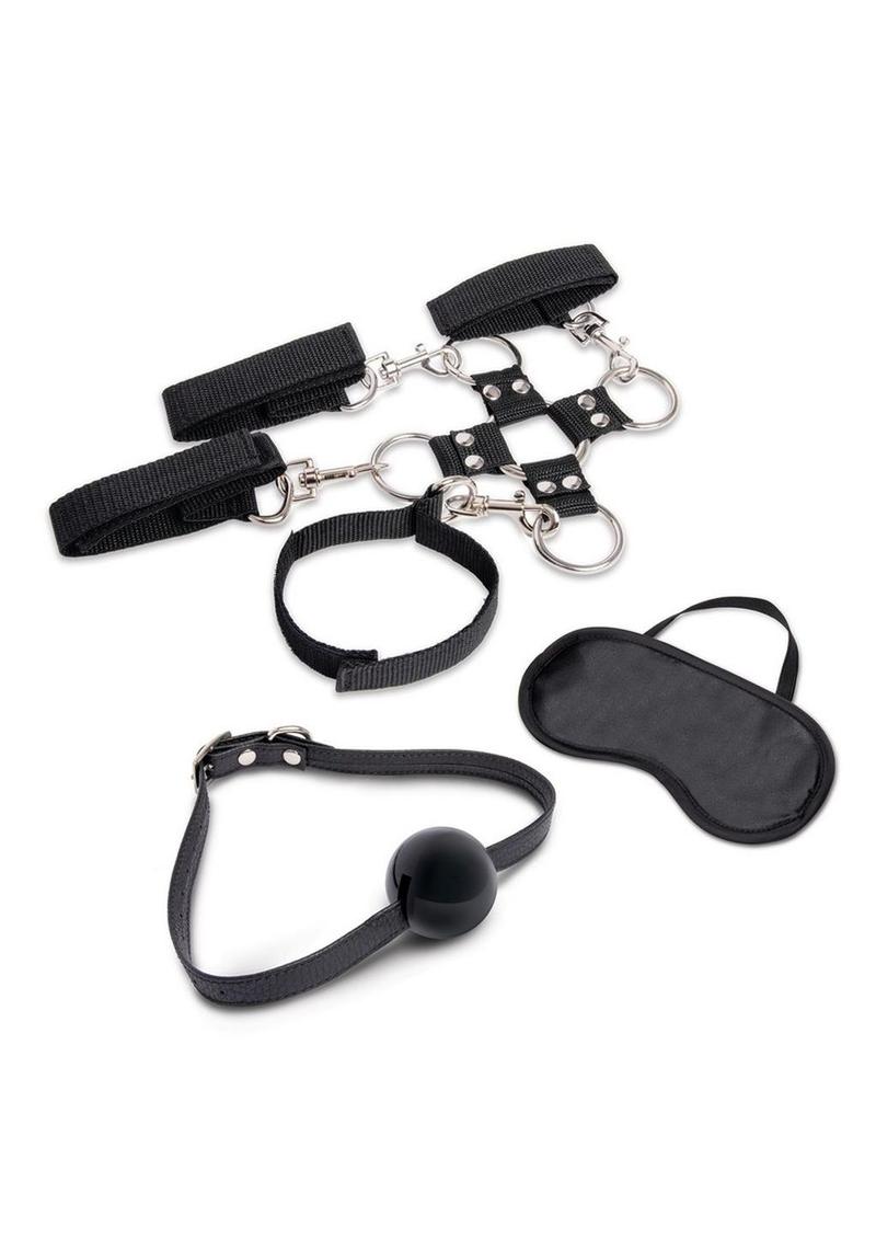 Lux Fetish Hogtie & Ball Gag Kit (7 Piece) - Black