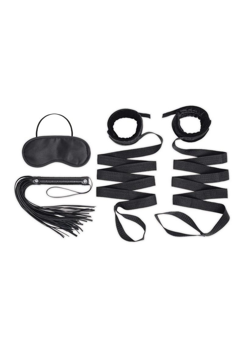 Lux Fetish Bondage Bed Strap & Flogger Kit (4 Piece) - Black