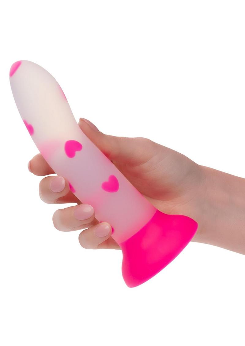 Glow Stick Heart Silicone Glow in the Dark Dildo with Suction Base - Pink