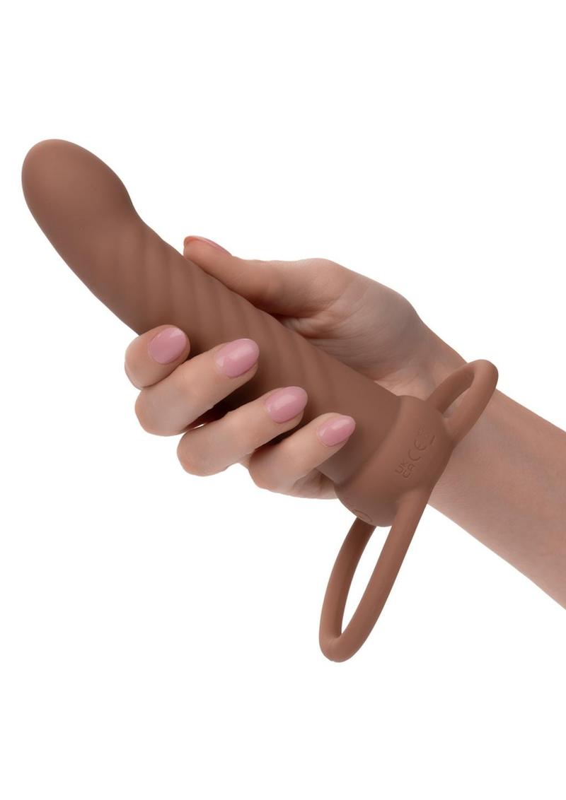 Performance Maxx Rechargeable Silicone Ribbed Dual Penetrator Extender - Chocolate