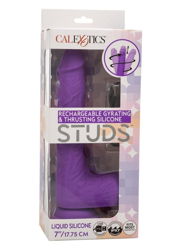 Silicone Studs Gyrating & Thrusting Rechargeable Dildo 7in - Purple