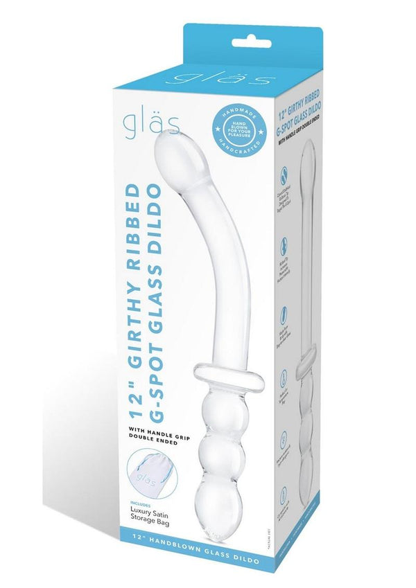 Gläs 12" Girthy Ribbed P-Spot Glass Dildo with Handle Grip Double End