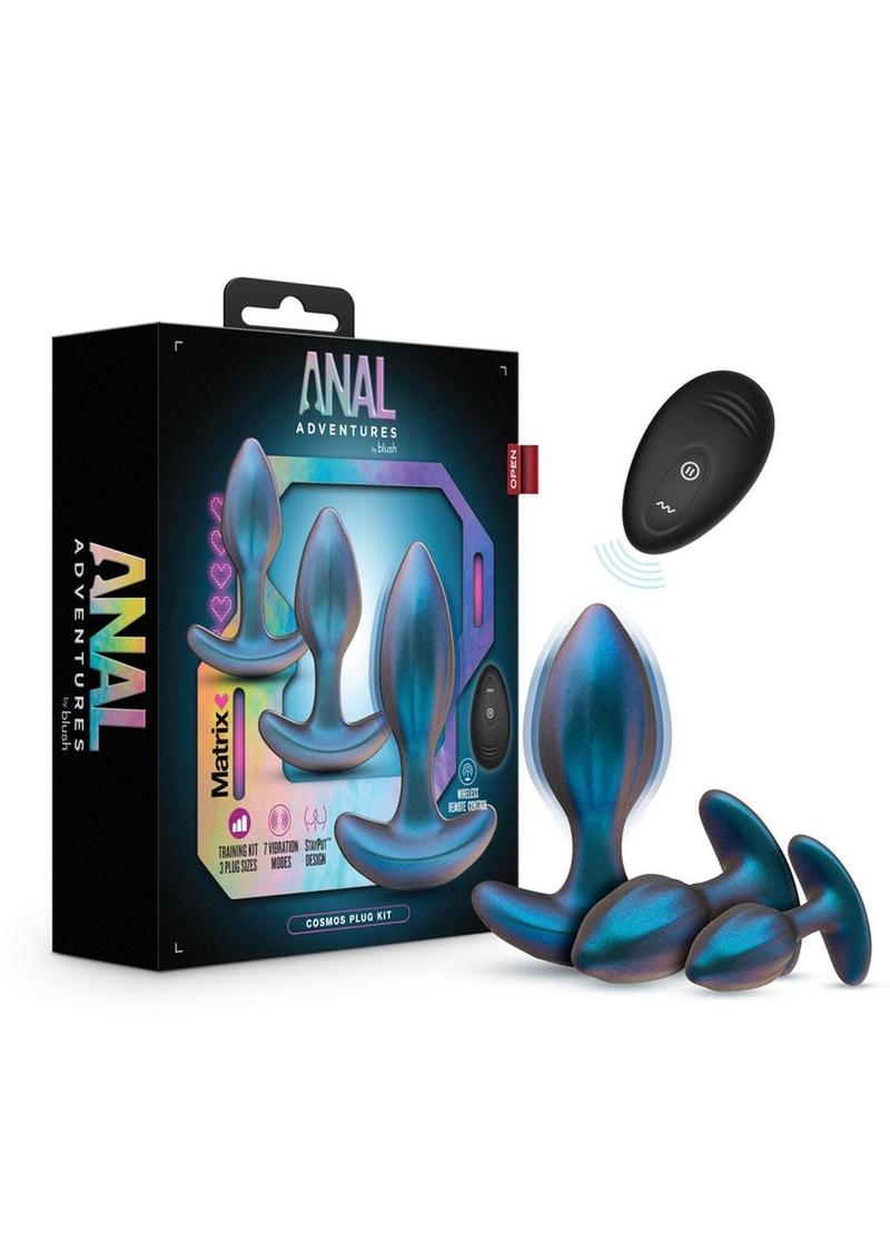 Anal Adventures Matrix Cosmos Plug Kit Silicone Anal Plug Set with Remote Control - Lunar Blue
