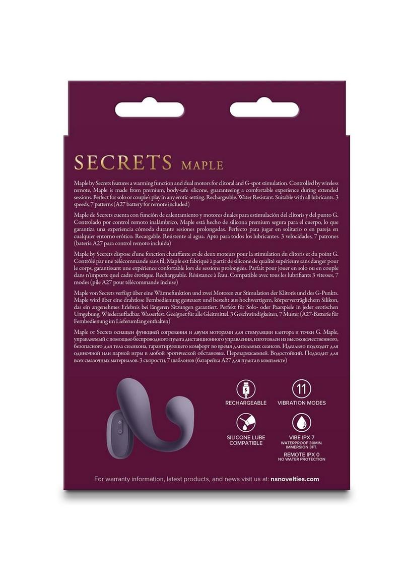 Secrets Maple Rechargeable Silicone G-Spot Warming Vibrator with Clitoral Stimulation and Remote Control - Purple