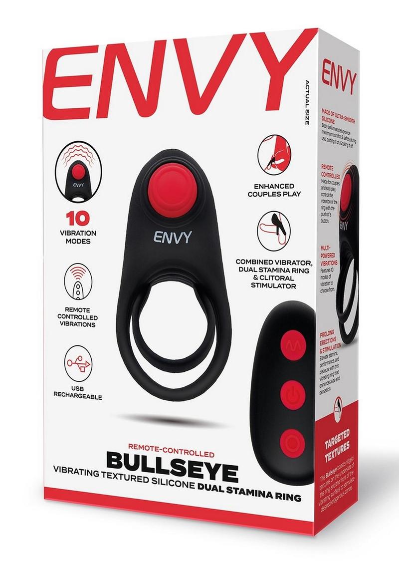 Envy Toys Bullseye Vibrating Rechargeable Silicone Dual Stamina Ring with Remote Control - Black