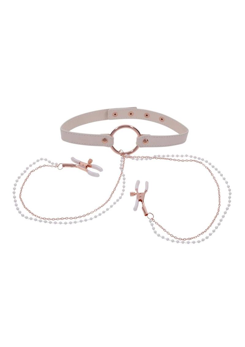 Sex & Miscielf Peaches 'n CreaMe Collar with Nipple Clamps - Ivory/Rose Gold